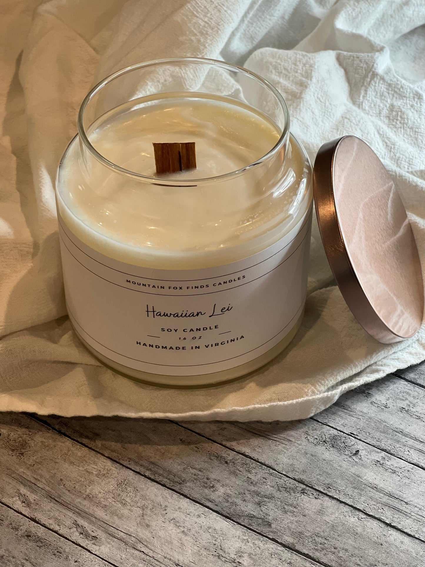 Hawaiian Lei Apothecary Jar Soy Wax Candle Above Side