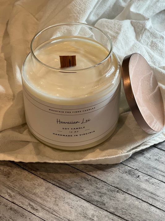 Hawaiian Lei Apothecary Jar Soy Wax Candle Above Side