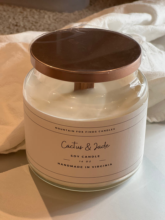 Cactus and Jade Apothecary Jar Soy Wax Candle Above Side