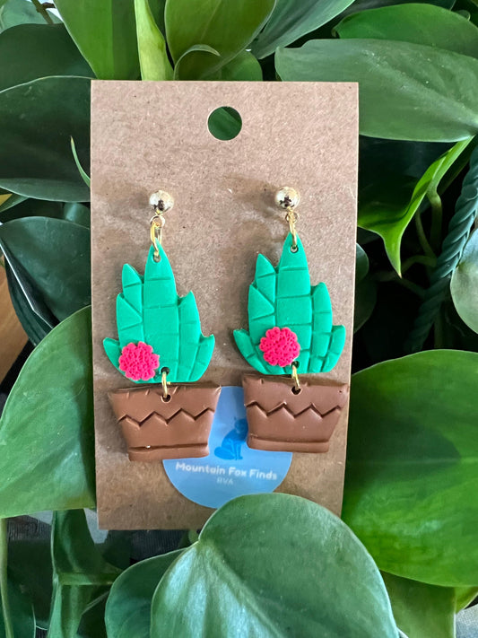 Cactus Drop Earrings with Pink Flowers